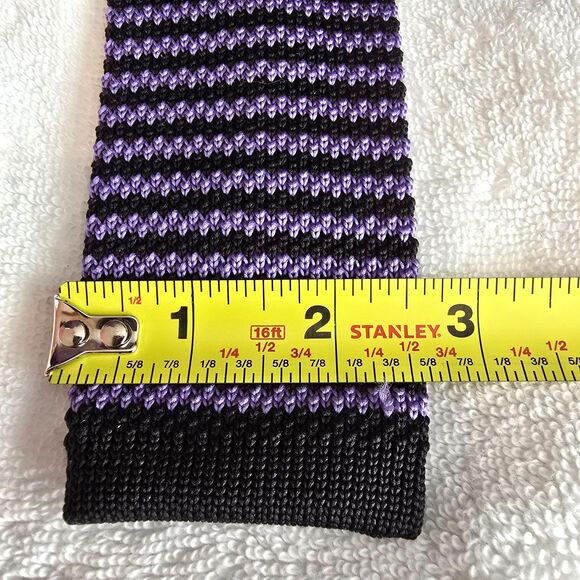 Chaps Knit Skinny Tie Black Purple Striped Mens Handmade Neckwear Square Tip - Picture 12 of 12